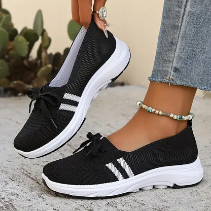 ✨Best-1 Seller Fall 2025✨Women’s Breathable Knit Slip-On Sneakers with Bow – Lightweight Low-Top Casual Shoes in Beige & White for Everyday Comfort