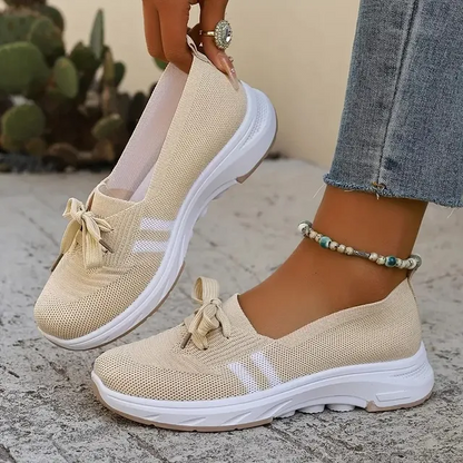 ✨Best-1 Seller Fall 2025✨Women’s Breathable Knit Slip-On Sneakers with Bow – Lightweight Low-Top Casual Shoes in Beige & White for Everyday Comfort
