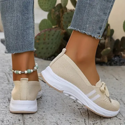 ✨Best-1 Seller Fall 2025✨Women’s Breathable Knit Slip-On Sneakers with Bow – Lightweight Low-Top Casual Shoes in Beige & White for Everyday Comfort