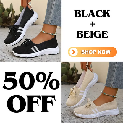 ✨Best-1 Seller Fall 2025✨Women’s Breathable Knit Slip-On Sneakers with Bow – Lightweight Low-Top Casual Shoes in Beige & White for Everyday Comfort