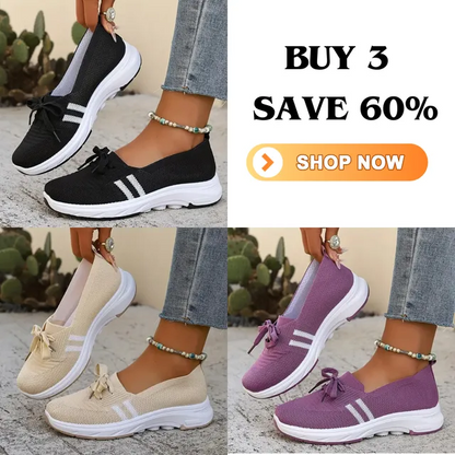 ✨Best-1 Seller Fall 2025✨Women’s Breathable Knit Slip-On Sneakers with Bow – Lightweight Low-Top Casual Shoes in Beige & White for Everyday Comfort